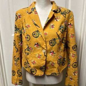 ModCloth Go Global Mustard Yellow Floral Bicycle Blazer Crop Jacket Size XL